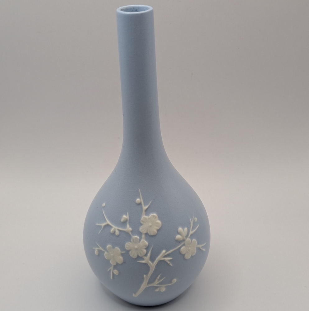 Spode Light Blue Vase with White Floral Design